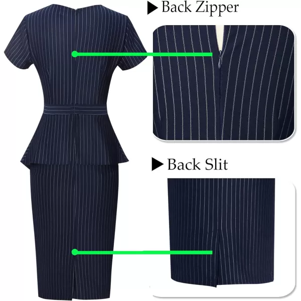 VFSHOW Womens Pleated Peplum Crew Neck Work Office Business Bodycon Pencil DressNavy Blue and White Stripes