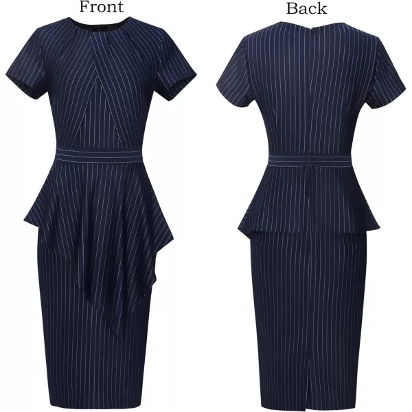 VFSHOW Womens Pleated Peplum Crew Neck Work Office Business Bodycon Pencil DressNavy Blue and White Stripes