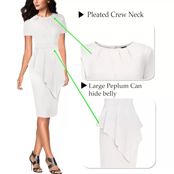 VFSHOW Womens Pleated Peplum Crew Neck Work Office Business Bodycon Pencil DressOffwhite