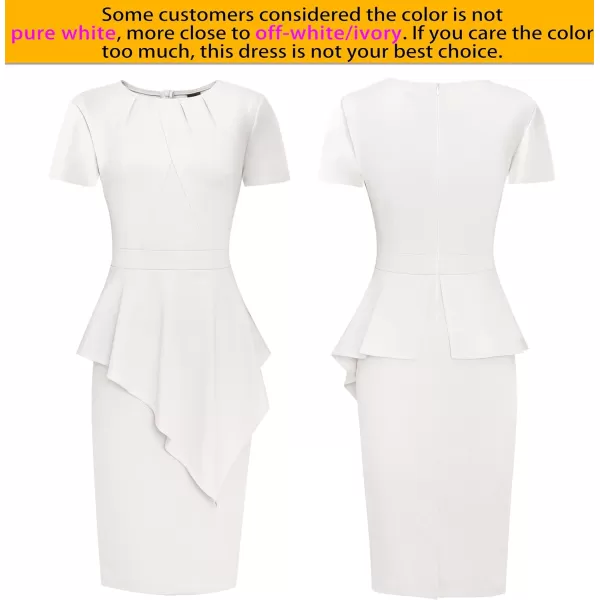 VFSHOW Womens Pleated Peplum Crew Neck Work Office Business Bodycon Pencil DressOffwhite