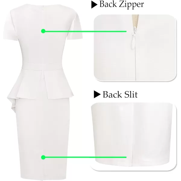 VFSHOW Womens Pleated Peplum Crew Neck Work Office Business Bodycon Pencil DressOffwhite