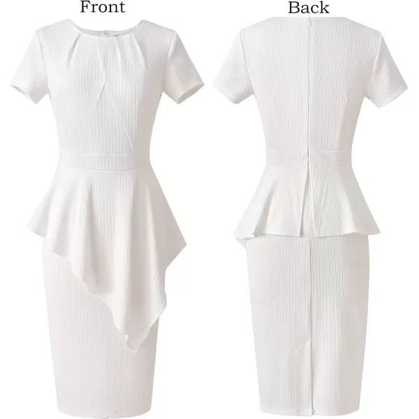 VFSHOW Womens Pleated Peplum Crew Neck Work Office Business Bodycon Pencil DressOffwhite Asymmetrical Peplum