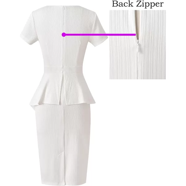 VFSHOW Womens Pleated Peplum Crew Neck Work Office Business Bodycon Pencil DressOffwhite Asymmetrical Peplum