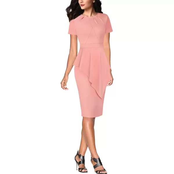 VFSHOW Womens Pleated Peplum Crew Neck Work Office Business Bodycon Pencil DressPeach Pink Asymmetrical Peplum