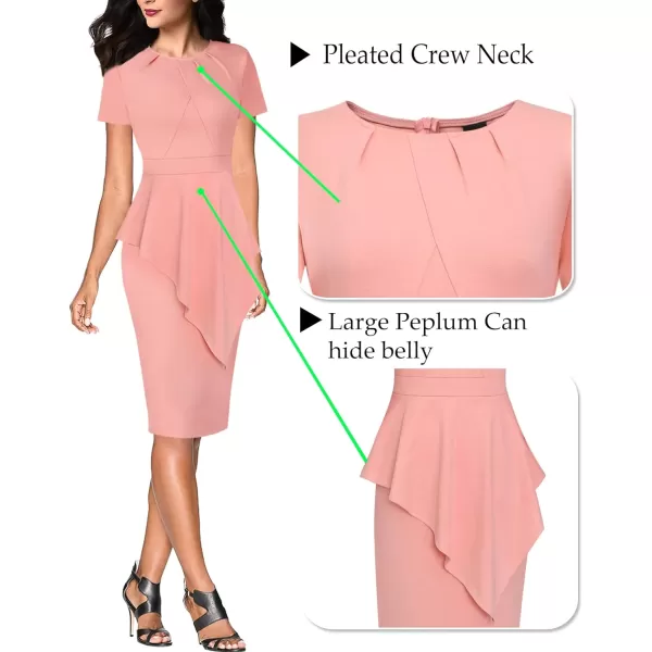 VFSHOW Womens Pleated Peplum Crew Neck Work Office Business Bodycon Pencil DressPeach Pink Asymmetrical Peplum