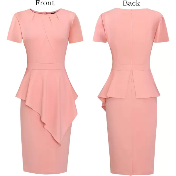 VFSHOW Womens Pleated Peplum Crew Neck Work Office Business Bodycon Pencil DressPeach Pink Asymmetrical Peplum