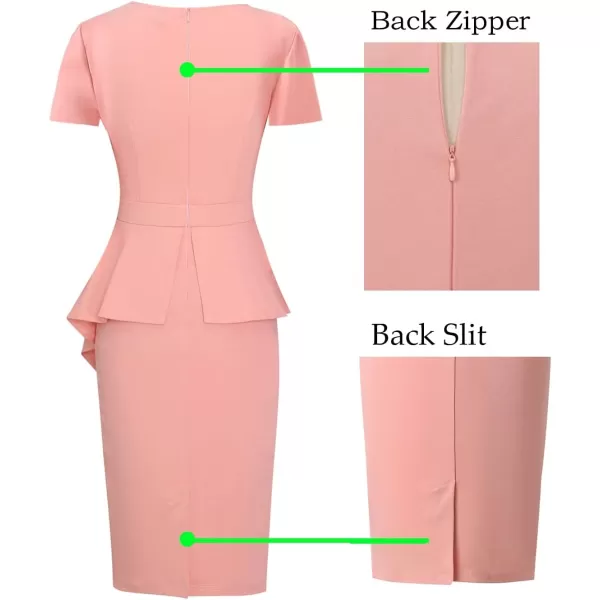 VFSHOW Womens Pleated Peplum Crew Neck Work Office Business Bodycon Pencil DressPeach Pink Asymmetrical Peplum