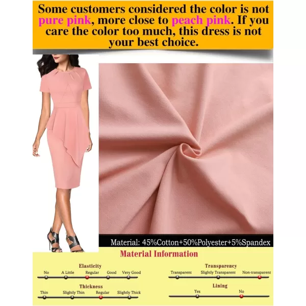 VFSHOW Womens Pleated Peplum Crew Neck Work Office Business Bodycon Pencil DressPeach Pink Asymmetrical Peplum