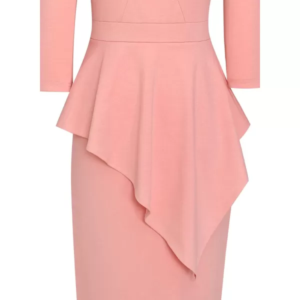 VFSHOW Womens Pleated Peplum Crew Neck Work Office Business Bodycon Pencil DressPeach Pink Asymmetrical Peplum2