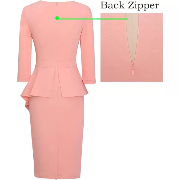 VFSHOW Womens Pleated Peplum Crew Neck Work Office Business Bodycon Pencil DressPeach Pink Asymmetrical Peplum2