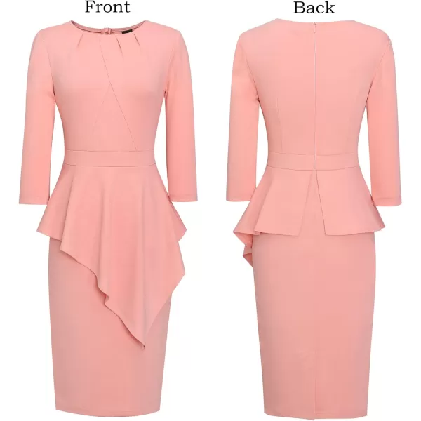 VFSHOW Womens Pleated Peplum Crew Neck Work Office Business Bodycon Pencil DressPeach Pink Asymmetrical Peplum2