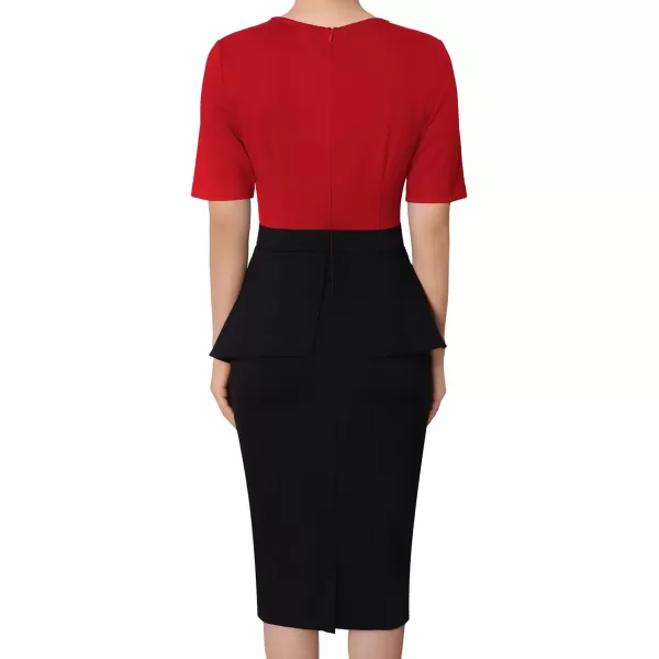 VFSHOW Womens Pleated Peplum Crew Neck Work Office Business Bodycon Pencil DressRed and Black