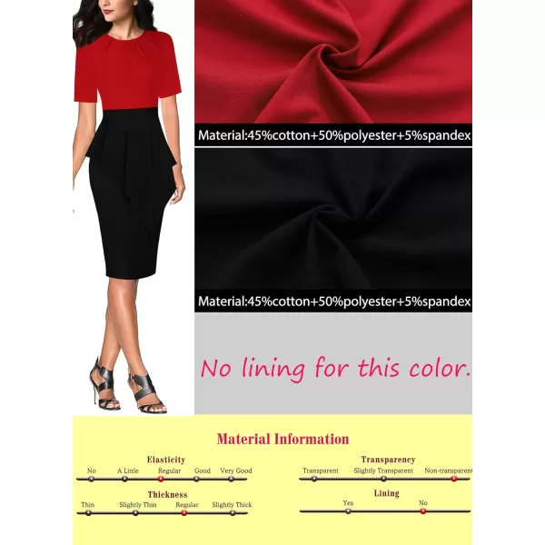 VFSHOW Womens Pleated Peplum Crew Neck Work Office Business Bodycon Pencil DressRed and Black