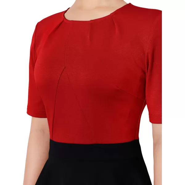 VFSHOW Womens Pleated Peplum Crew Neck Work Office Business Bodycon Pencil DressRed and Black