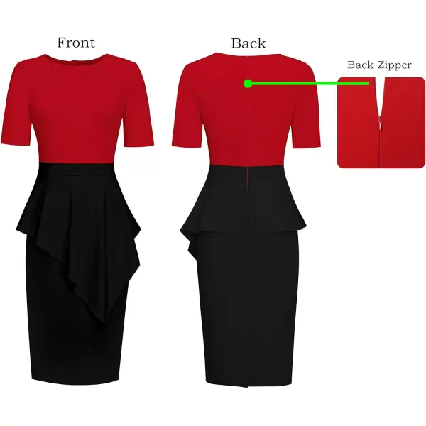 VFSHOW Womens Pleated Peplum Crew Neck Work Office Business Bodycon Pencil DressRed and Black