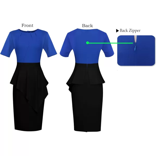 VFSHOW Womens Pleated Peplum Crew Neck Work Office Business Bodycon Pencil DressRoyal Blue and Black