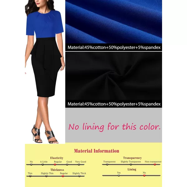 VFSHOW Womens Pleated Peplum Crew Neck Work Office Business Bodycon Pencil DressRoyal Blue and Black