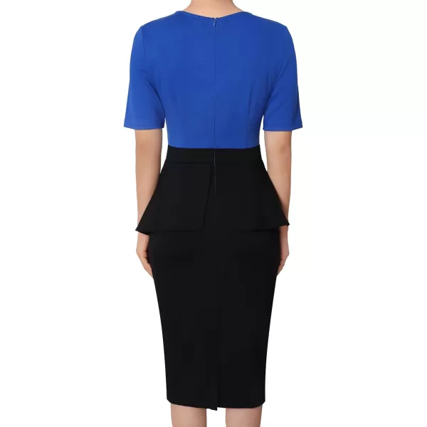 VFSHOW Womens Pleated Peplum Crew Neck Work Office Business Bodycon Pencil DressRoyal Blue and Black