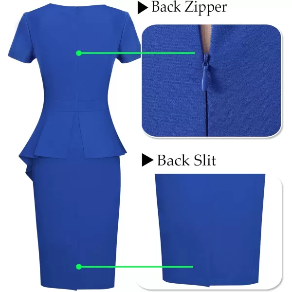 VFSHOW Womens Pleated Peplum Crew Neck Work Office Business Bodycon Pencil DressRoyalblueasymmetricalpeplum