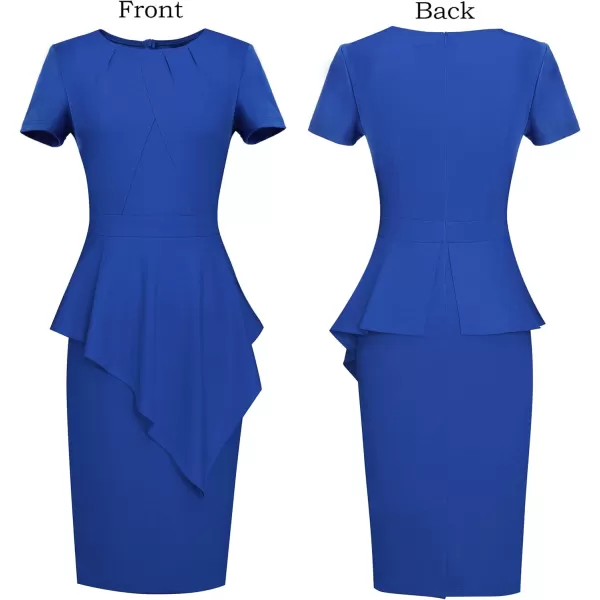 VFSHOW Womens Pleated Peplum Crew Neck Work Office Business Bodycon Pencil DressRoyalblueasymmetricalpeplum