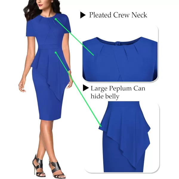 VFSHOW Womens Pleated Peplum Crew Neck Work Office Business Bodycon Pencil DressRoyalblueasymmetricalpeplum