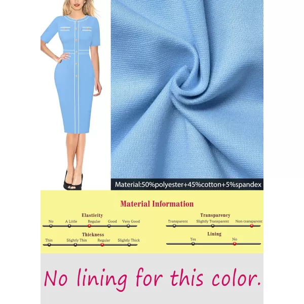 VFSHOW Womens Professional Work Business Office Interview Buttons Bodycon Dress Patchwork Colorblock Slim Pencil Sheath DressBaby Blue White Piping