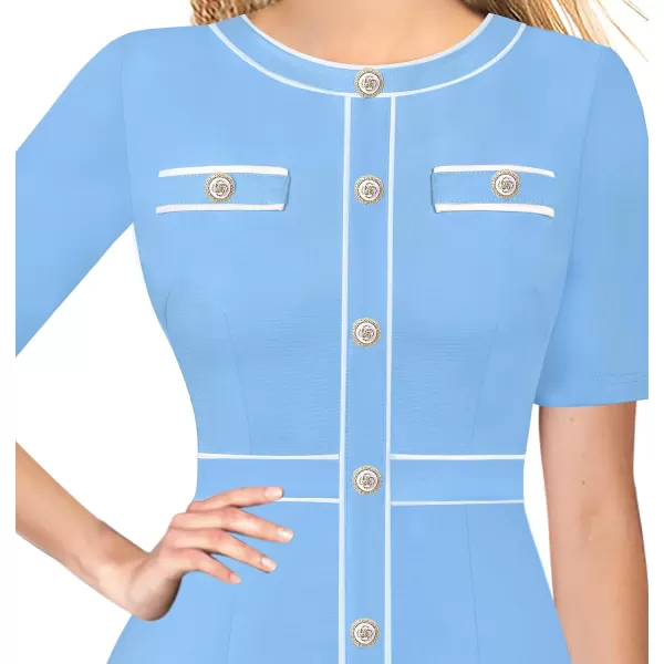 VFSHOW Womens Professional Work Business Office Interview Buttons Bodycon Dress Patchwork Colorblock Slim Pencil Sheath DressBaby Blue White Piping