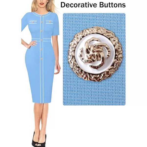 VFSHOW Womens Professional Work Business Office Interview Buttons Bodycon Dress Patchwork Colorblock Slim Pencil Sheath DressBaby Blue White Piping