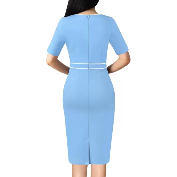 VFSHOW Womens Professional Work Business Office Interview Buttons Bodycon Dress Patchwork Colorblock Slim Pencil Sheath DressBaby Blue White Piping