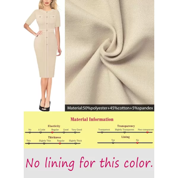 VFSHOW Womens Professional Work Business Office Interview Buttons Bodycon Dress Patchwork Colorblock Slim Pencil Sheath DressBeige White Piping