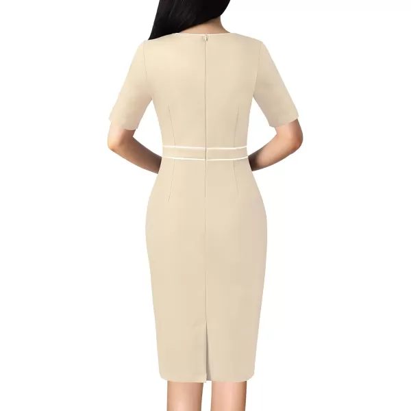 VFSHOW Womens Professional Work Business Office Interview Buttons Bodycon Dress Patchwork Colorblock Slim Pencil Sheath DressBeige White Piping