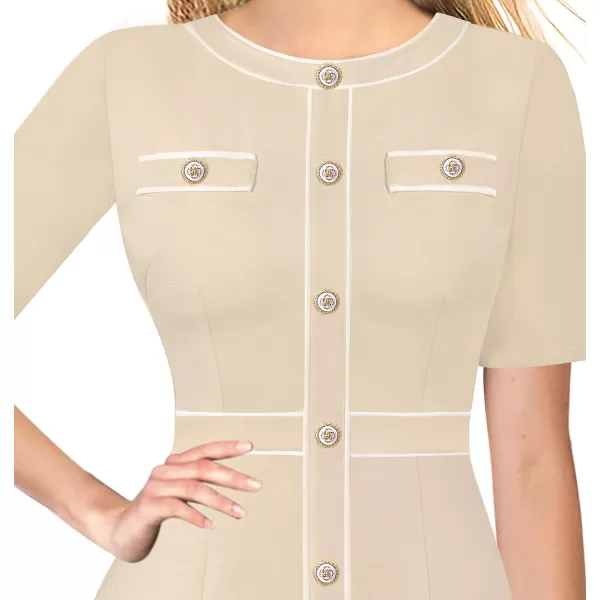 VFSHOW Womens Professional Work Business Office Interview Buttons Bodycon Dress Patchwork Colorblock Slim Pencil Sheath DressBeige White Piping