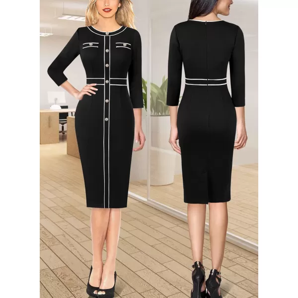 VFSHOW Womens Professional Work Business Office Interview Buttons Bodycon Dress Patchwork Colorblock Slim Pencil Sheath DressBlack 34 Sleeves