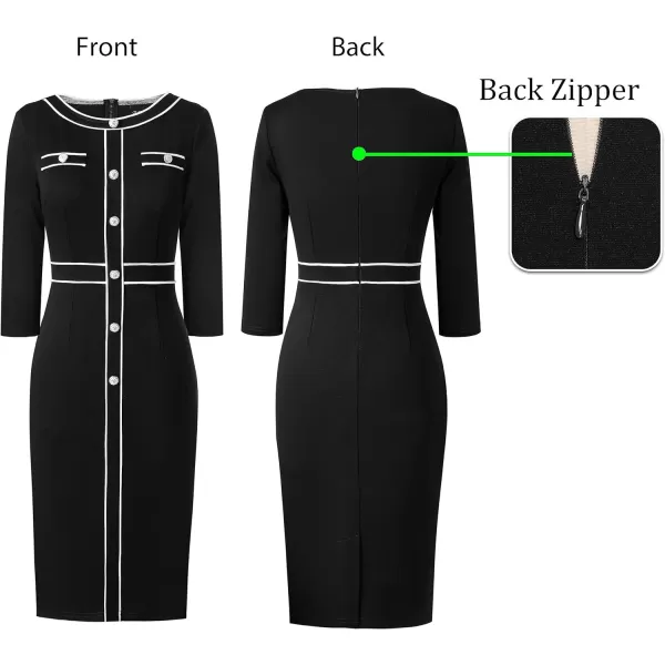 VFSHOW Womens Professional Work Business Office Interview Buttons Bodycon Dress Patchwork Colorblock Slim Pencil Sheath DressBlack 34 Sleeves