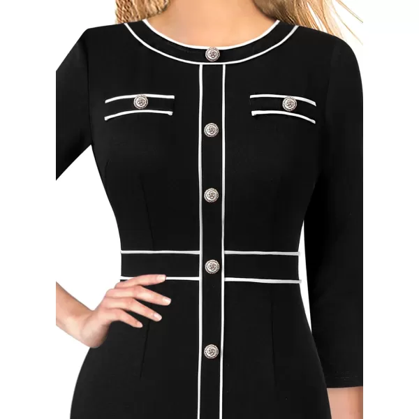 VFSHOW Womens Professional Work Business Office Interview Buttons Bodycon Dress Patchwork Colorblock Slim Pencil Sheath DressBlack 34 Sleeves