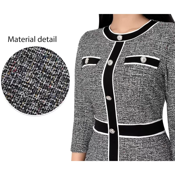 VFSHOW Womens Professional Work Business Office Interview Buttons Bodycon Dress Patchwork Colorblock Slim Pencil Sheath DressBlack Tweed34 Sleeve2