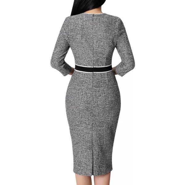 VFSHOW Womens Professional Work Business Office Interview Buttons Bodycon Dress Patchwork Colorblock Slim Pencil Sheath DressBlack Tweed34 Sleeve2