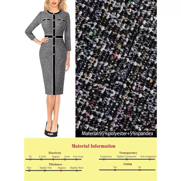 VFSHOW Womens Professional Work Business Office Interview Buttons Bodycon Dress Patchwork Colorblock Slim Pencil Sheath DressBlack Tweed34 Sleeve2