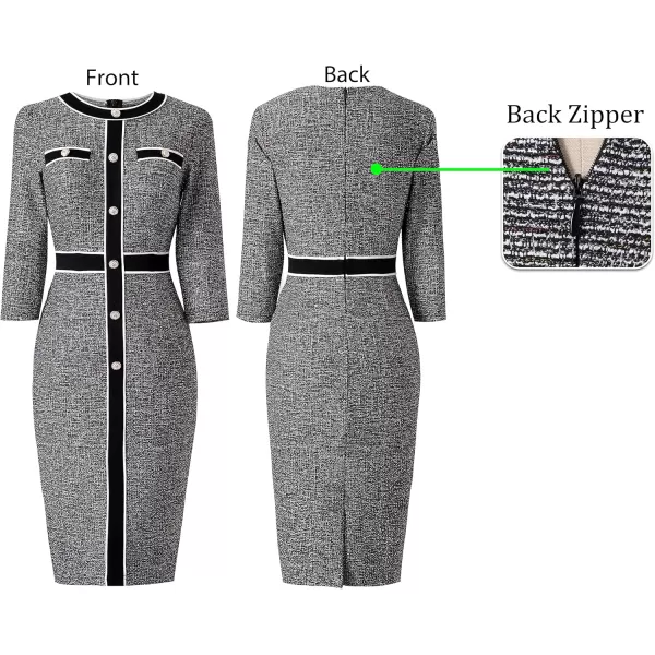 VFSHOW Womens Professional Work Business Office Interview Buttons Bodycon Dress Patchwork Colorblock Slim Pencil Sheath DressBlack Tweed34 Sleeve2