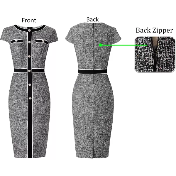 VFSHOW Womens Professional Work Business Office Interview Buttons Bodycon Dress Patchwork Colorblock Slim Pencil Sheath DressBlack Tweedshort Sleeve