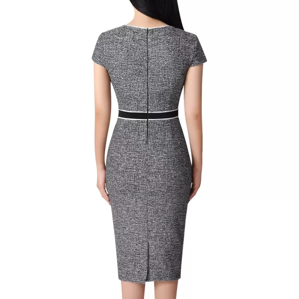 VFSHOW Womens Professional Work Business Office Interview Buttons Bodycon Dress Patchwork Colorblock Slim Pencil Sheath DressBlack Tweedshort Sleeve