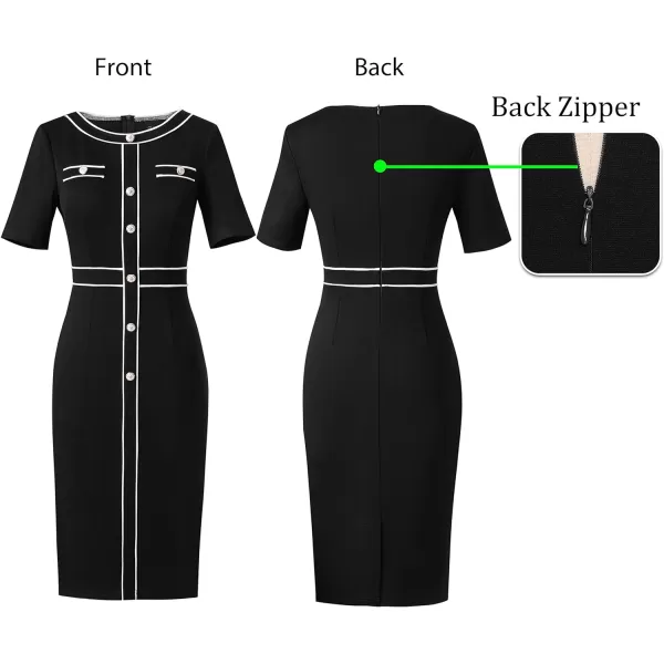 VFSHOW Womens Professional Work Business Office Interview Buttons Bodycon Dress Patchwork Colorblock Slim Pencil Sheath DressBlack White Piping