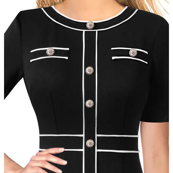 VFSHOW Womens Professional Work Business Office Interview Buttons Bodycon Dress Patchwork Colorblock Slim Pencil Sheath DressBlack White Piping