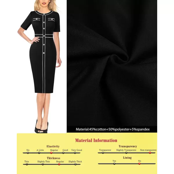 VFSHOW Womens Professional Work Business Office Interview Buttons Bodycon Dress Patchwork Colorblock Slim Pencil Sheath DressBlack White Piping