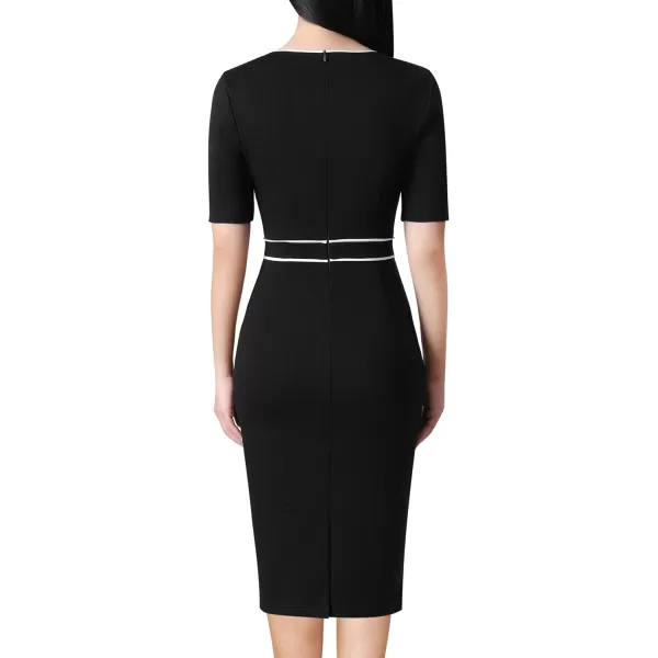 VFSHOW Womens Professional Work Business Office Interview Buttons Bodycon Dress Patchwork Colorblock Slim Pencil Sheath DressBlack White Piping