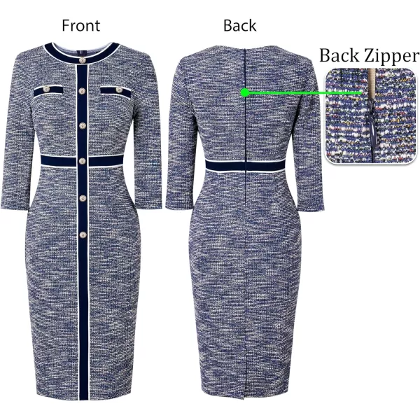 VFSHOW Womens Professional Work Business Office Interview Buttons Bodycon Dress Patchwork Colorblock Slim Pencil Sheath DressBlue Tweed34 Sleeve2