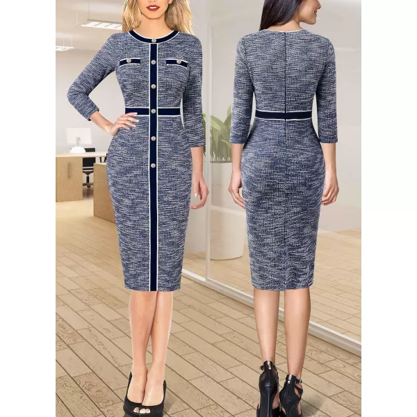 VFSHOW Womens Professional Work Business Office Interview Buttons Bodycon Dress Patchwork Colorblock Slim Pencil Sheath DressBlue Tweed34 Sleeve2