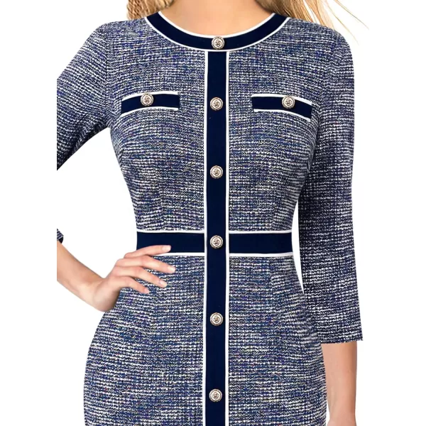 VFSHOW Womens Professional Work Business Office Interview Buttons Bodycon Dress Patchwork Colorblock Slim Pencil Sheath DressBlue Tweed34 Sleeve2