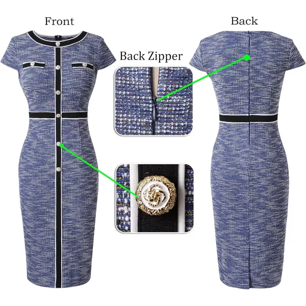 VFSHOW Womens Professional Work Business Office Interview Buttons Bodycon Dress Patchwork Colorblock Slim Pencil Sheath DressBlue Tweedcap Sleeve