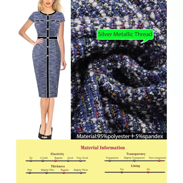 VFSHOW Womens Professional Work Business Office Interview Buttons Bodycon Dress Patchwork Colorblock Slim Pencil Sheath DressBlue Tweedcap Sleeve